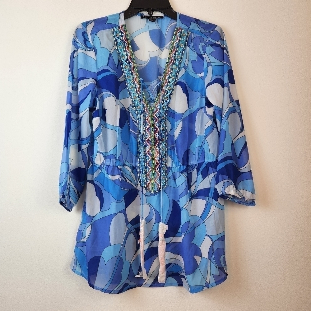 Boston Proper floral sheer beaded Blouse Top with Tassels Size Small boho NWOT